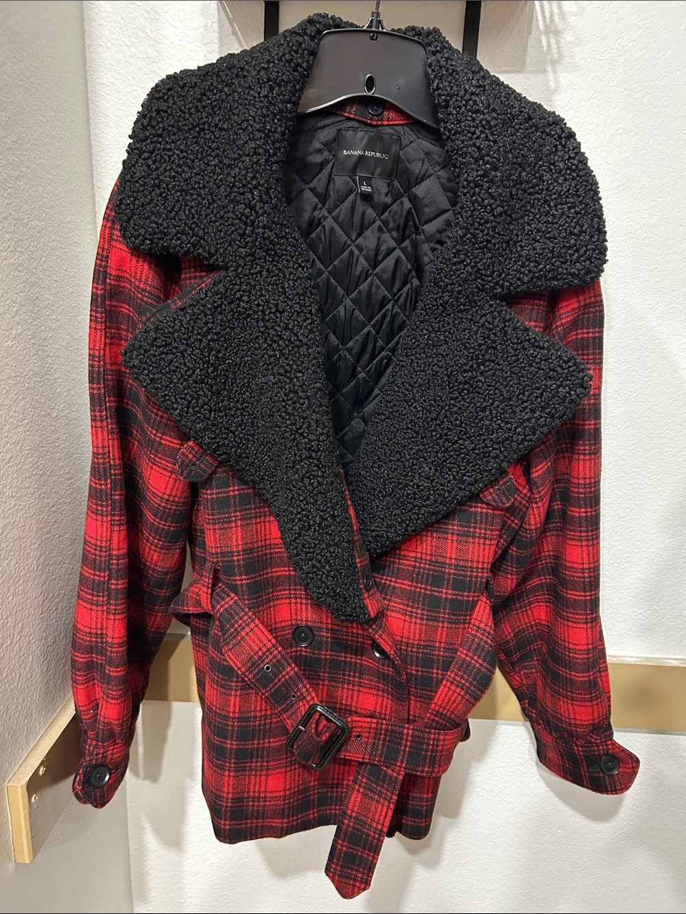 Banana Republic Red and Black Plaid Sherpa-Collar Pea Coat